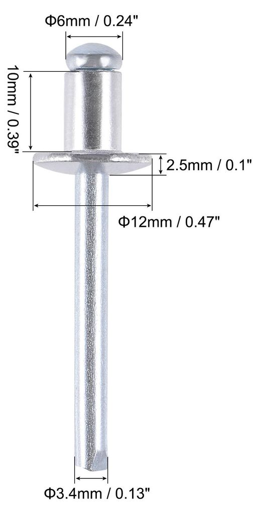 100 Stk. Blindnieten Aluminium Zugnieten Kerndekorationsnieten 6mm Durchm. 10mm Griffl?nge Silber