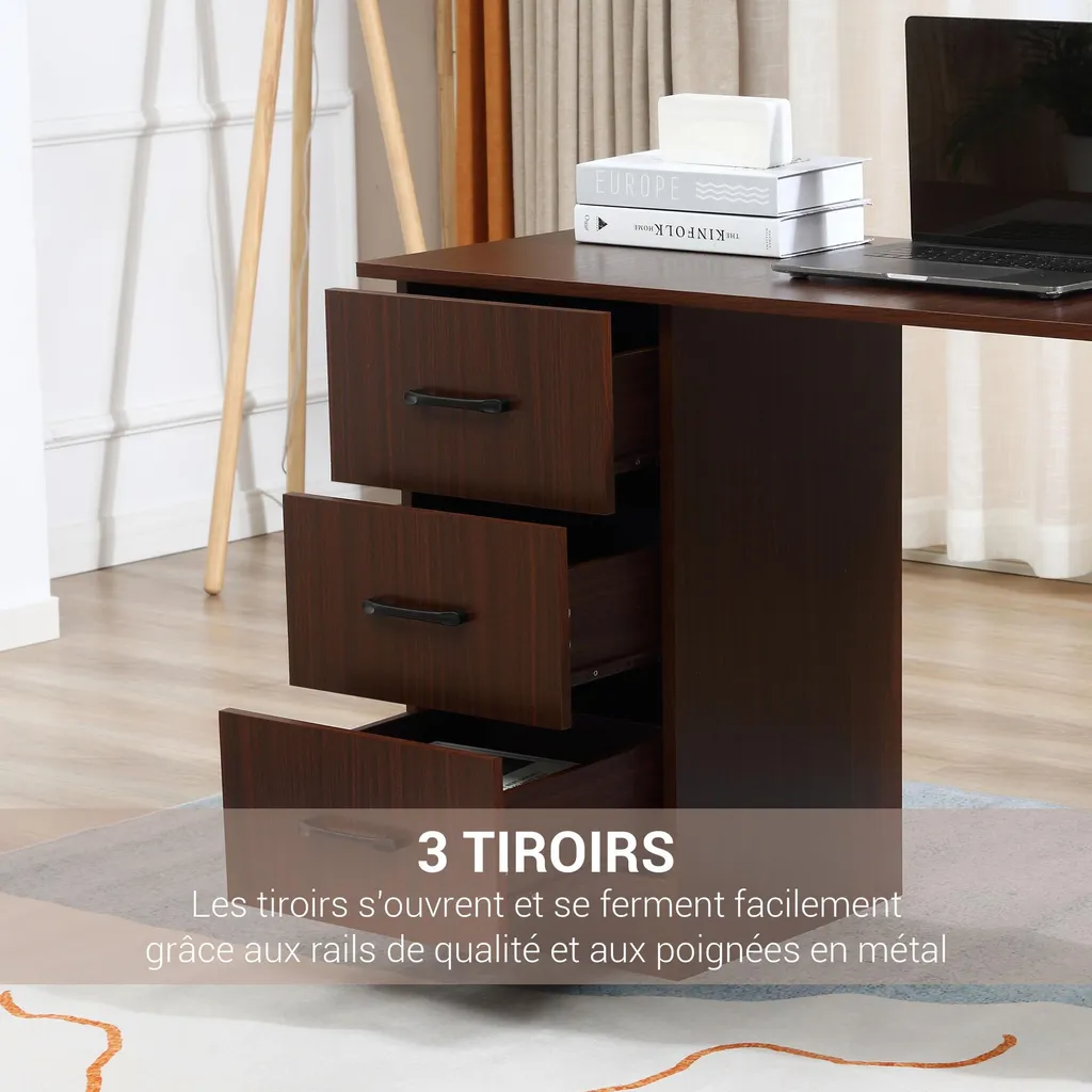 Table informatique réversible avec tiroirs et étagères, bois noyer - 7