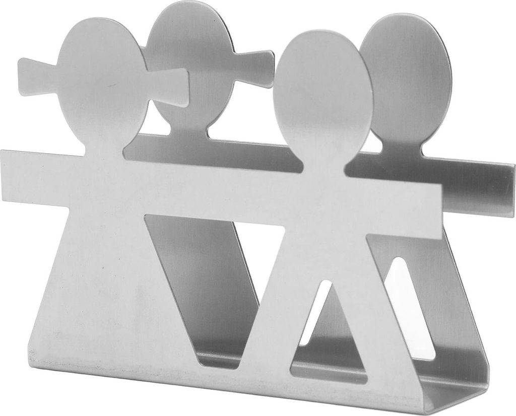 Aufrechter Serviettenhalter Junge und Mädchen Hohlmuster Schmiedeeisen Metall Vertikales Taschentuch-Desktop-Aufbewahrungsregal Silber