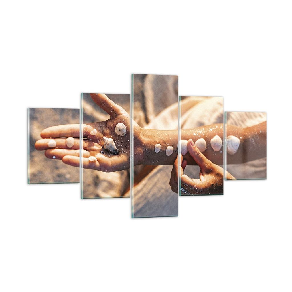 Bilder auf glas - 5 Teile - Muschel Hand Strand - 125x70cm - Glasbilder - Wandbilder - Bilder - zum Aufhängen bereit - Wanddekoration aus Glas - G...