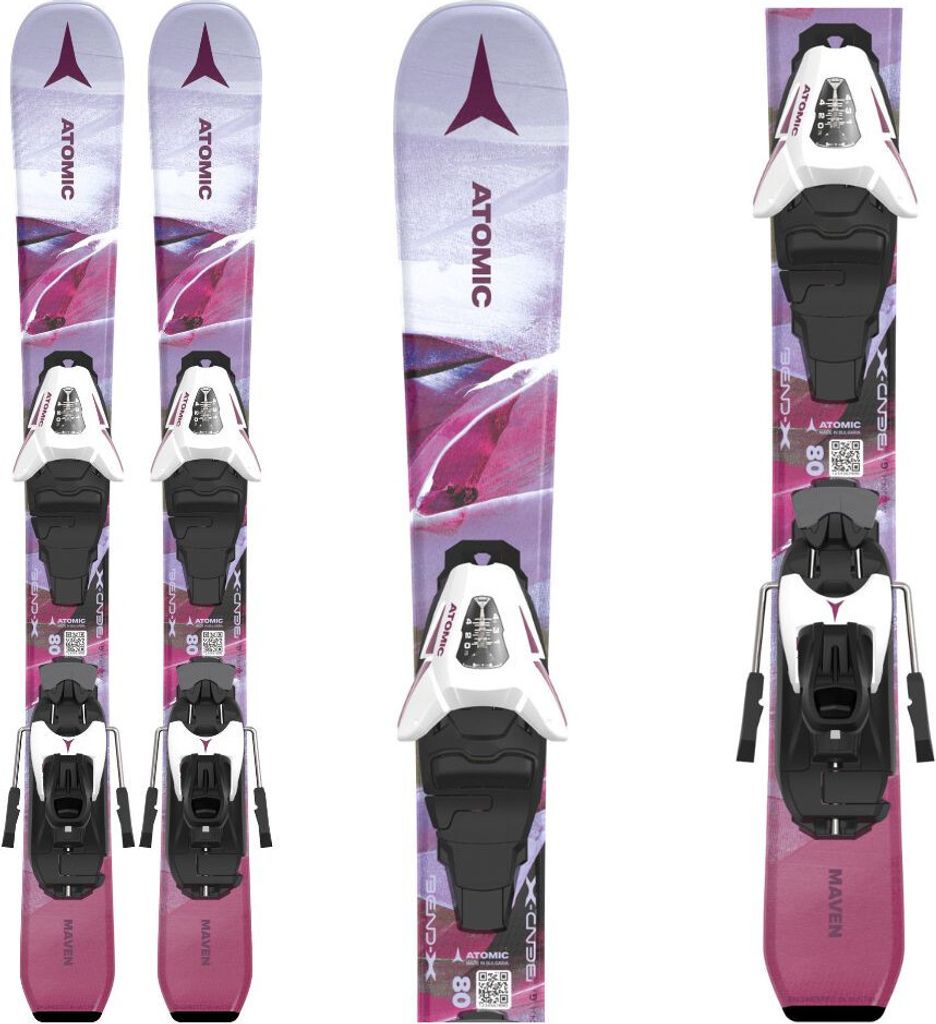 A set of skis with bindings, presented from different angles.