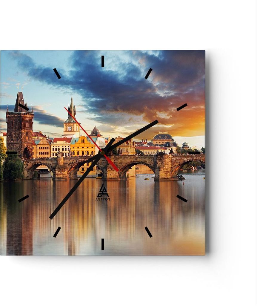 Wanduhr - Quadrat - Glasuhr - Prag brücke geschichte fluss - 40x40cm - Schleichendes Uhrwerk - Lautlos - zum Aufhängen bereit - Dekoration Modern...