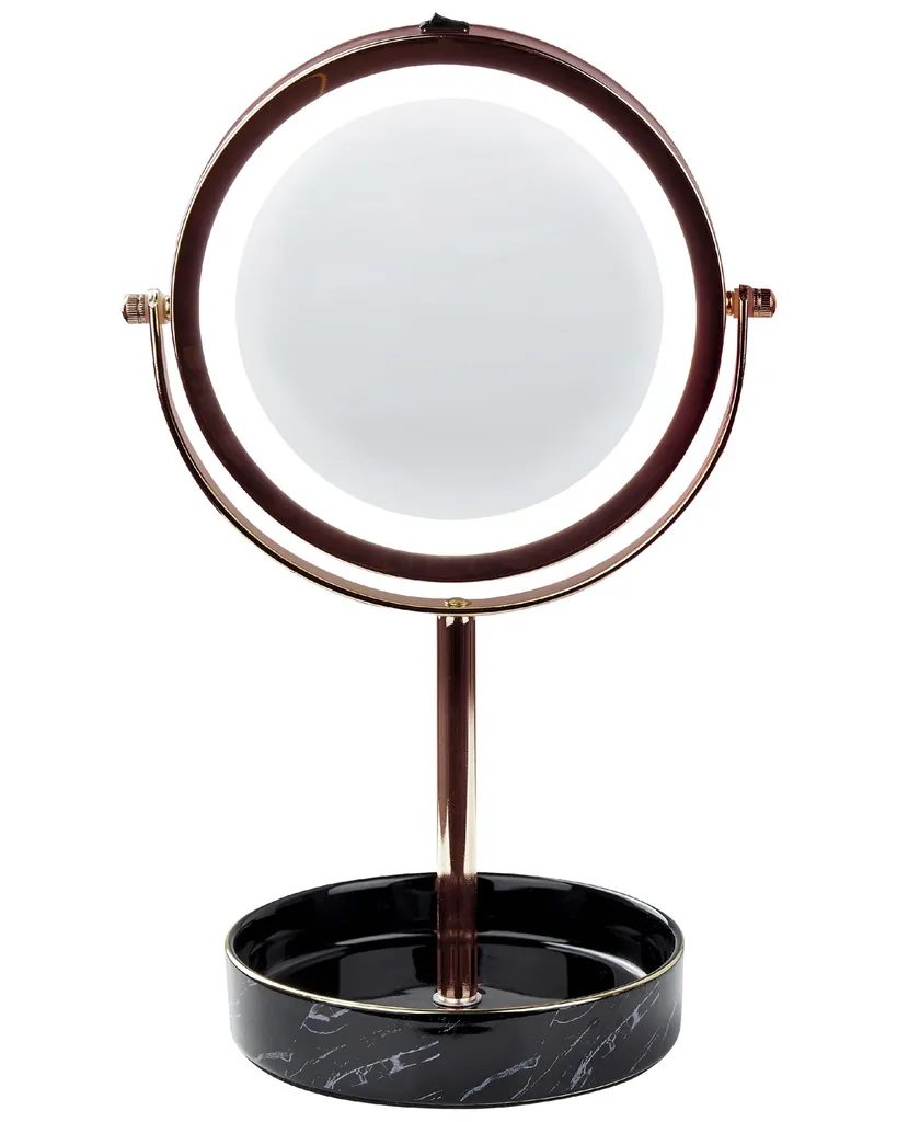 Miroir Maquillage Lumineux LED Double Face Or et Noir Support Céramique