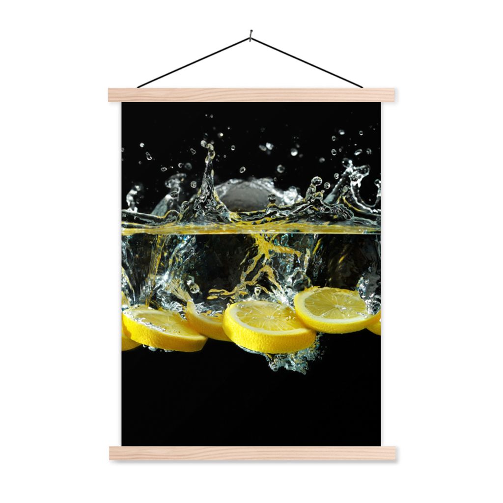 MuchoWow Textilposter Zitrone - Frucht - Gelb - Stilleben - Wasser 60x80 cm mit holzfarbenen Rahmen - Wandbild