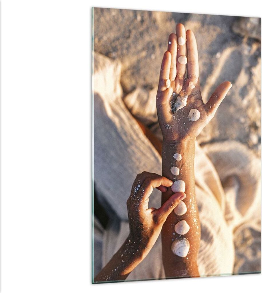Bilder auf glas - Einteilig - Muschel Hand Strand - 80x120cm - Glasbilder - Wandbilder - Bilder - zum Aufhängen bereit - Wanddekoration aus Glas -...
