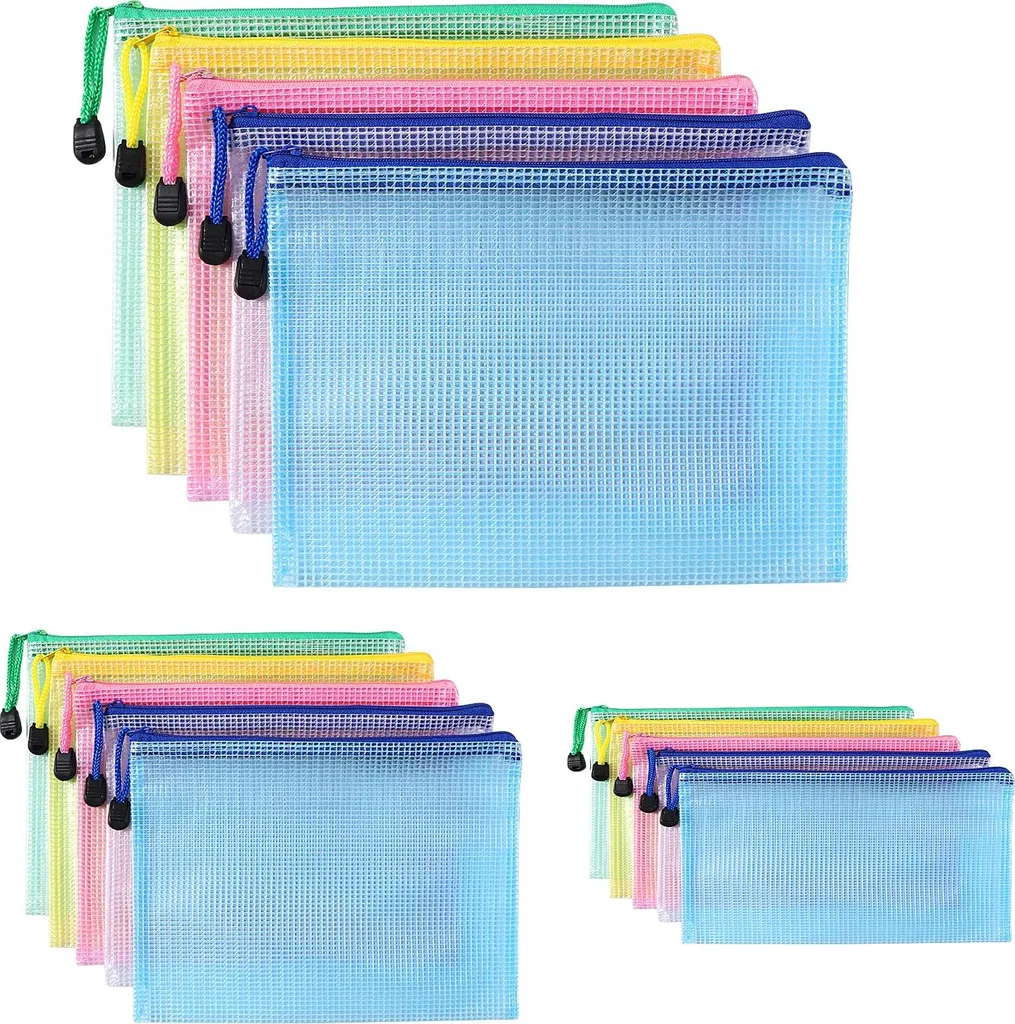 Pochettes porte-documents A4 A5 A6 avec zip en filet - Lot de 15 pièces