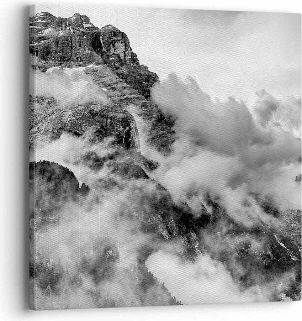 Bild auf Leinwand - Leinwandbild - Berge Nebel Gipfel - 40x40cm - Wand Bild - Wanddeko - Wandbilder - Leinwanddruck - Bilder - Kunstdruck - Wanddek...