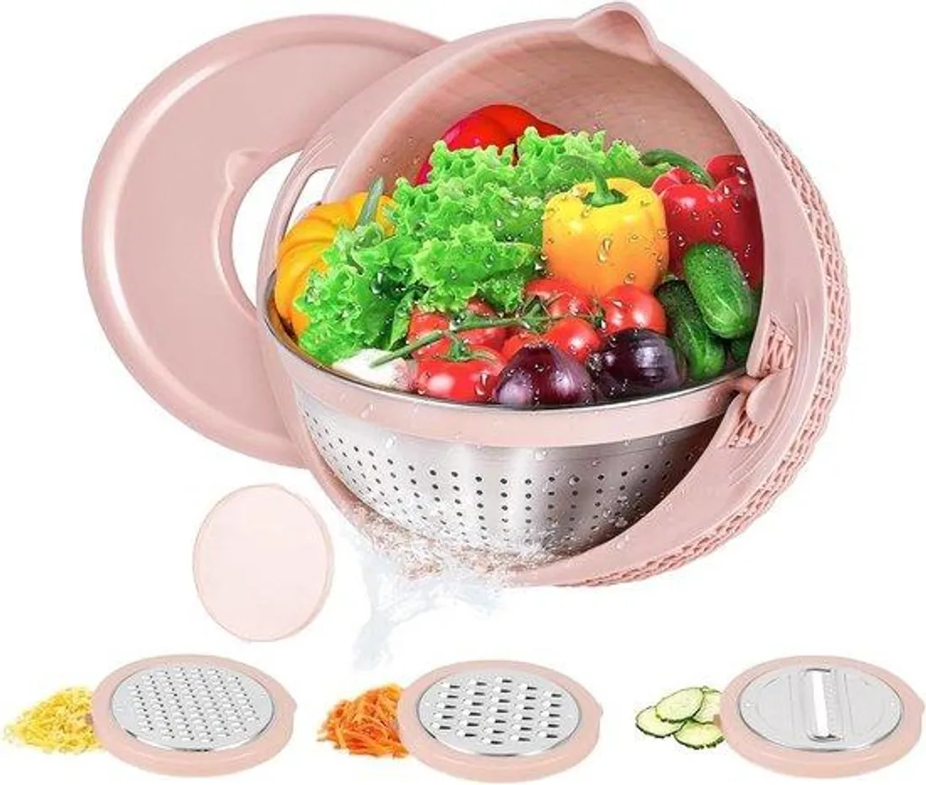 Mandoline de cuisine multifonction 4-en-1 inox avec bac égouttoir 2L