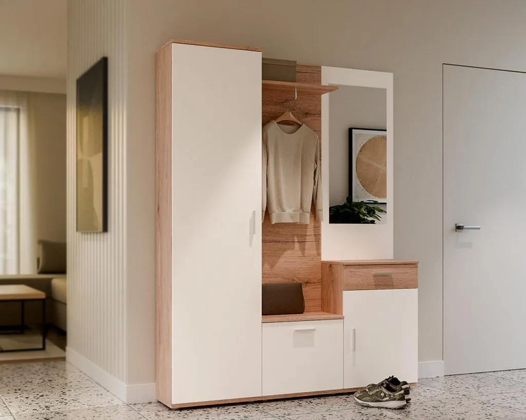 Garde-robe entrée Mia moderne en chêne - Rangement mural compact 190cm