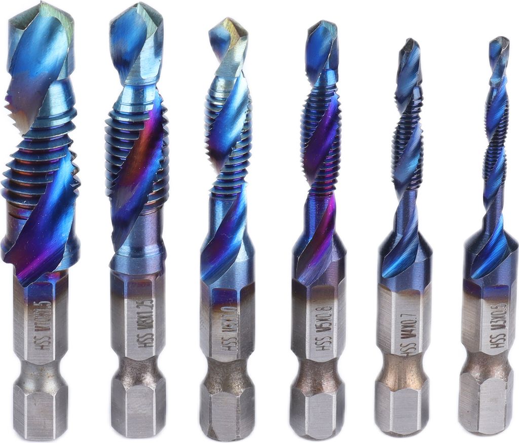 6pcs Spiralgewindebohrer Set blau Beschichtung Sechskantschaft Bohrer und Gewindebohrer Kit für Bohren Schneiden Weichmetalle