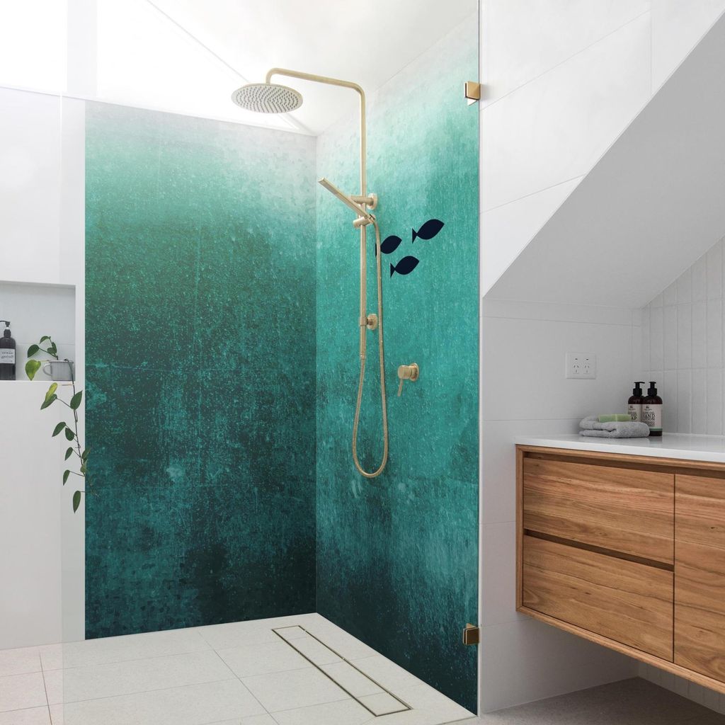Duschrückwand Tiere selbstklebend - 0.61 mm Wandpaneel wasserfest Fische petrol Badrückwand fugenlos Premium matt 110x190 cm