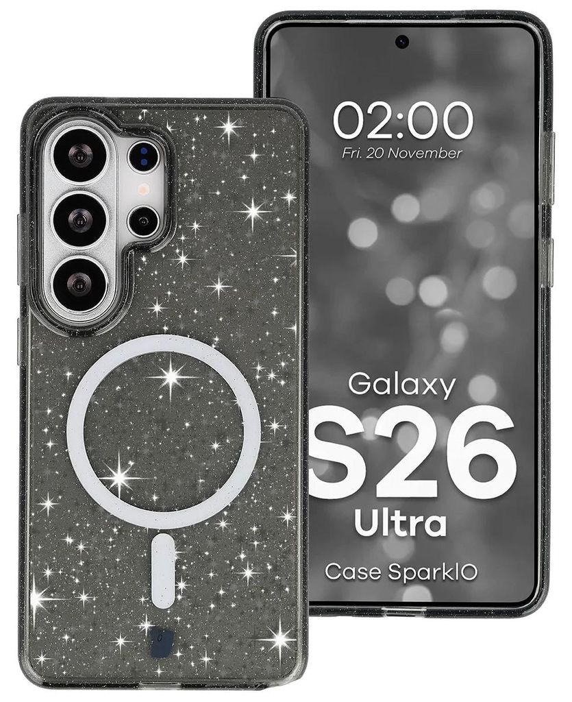 Glitzer Hülle mit Magnetring für Galaxy S26 Ultra, Bizon Case SparklO, Transparent-Schwarz mit Glitzer