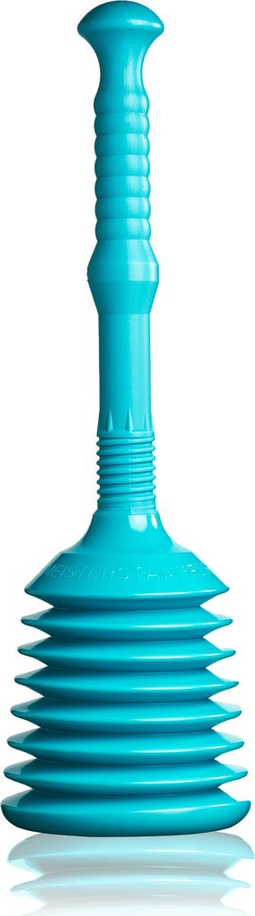 A turquoise plunger with a ribbed handle and a multi-ringed suction cup.