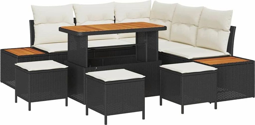 vidaXL Garten-Sofa-Set mit Kissen mit Speicher Schwarz Poly Rattan