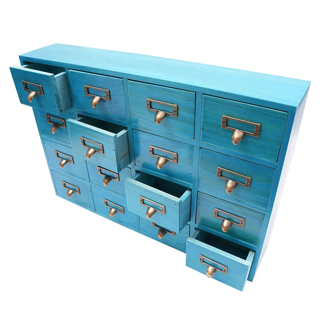 Boîte de rangement bois bleu 16 tiroirs multi-usage format compact - 3