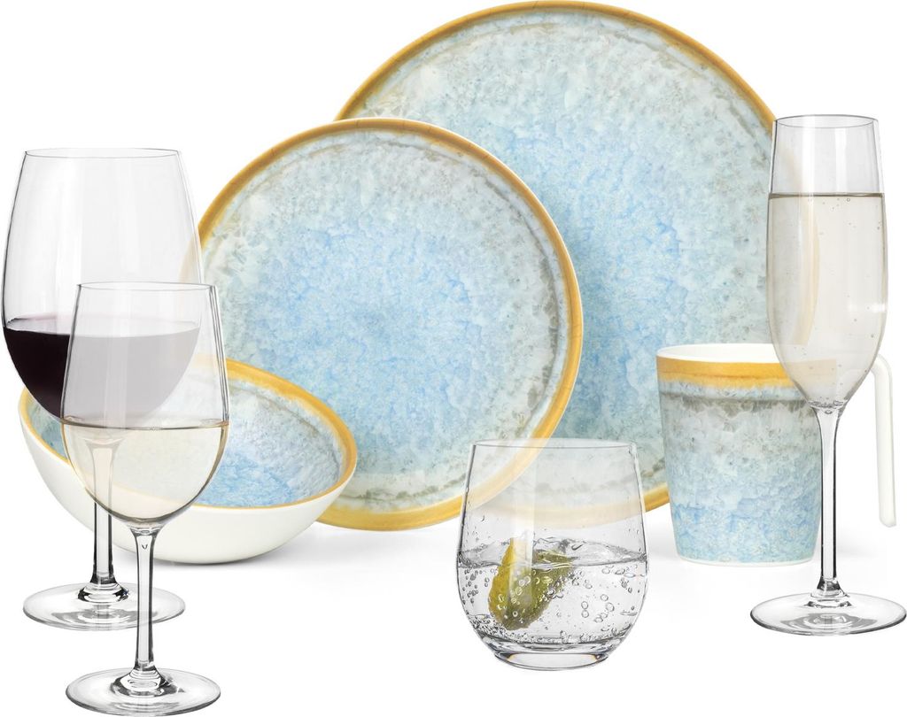 Melamin Camping Geschirr Set 4 Personen Crystal Blue + 16 Tiamo Gläser Wassergläser Weingläser Champagner-Gläser Flûtes Tafelgeschirr Picknick...