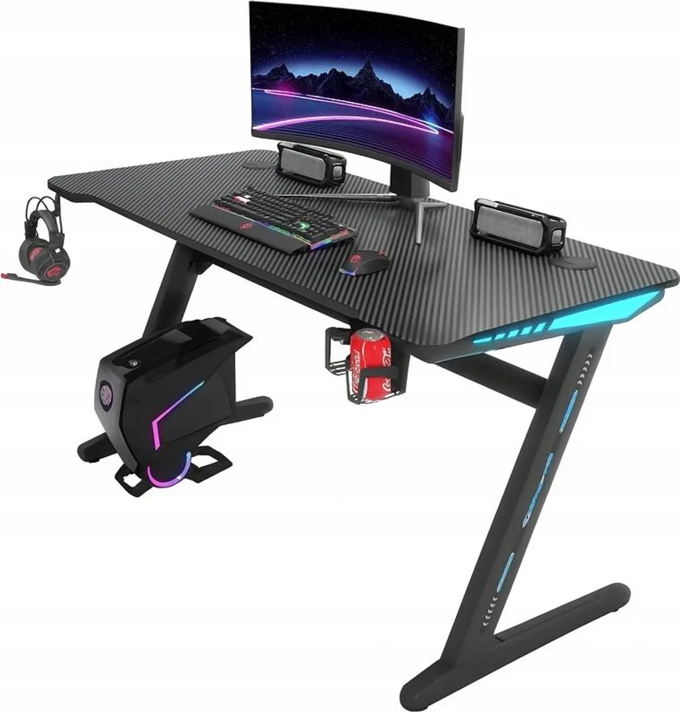 Bureau de Travail et Jeu 120x60 cm Noir avec LED RGB pour Setup Streamer PC