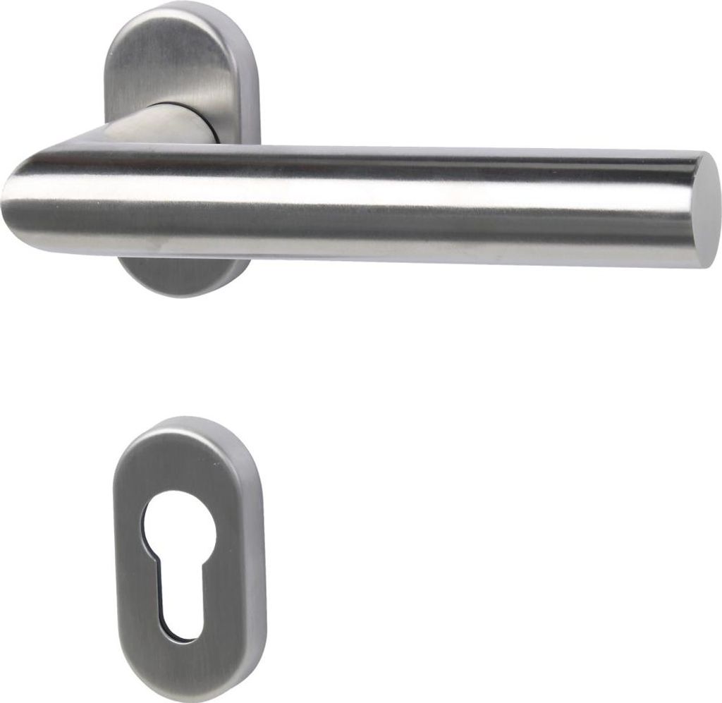 A stainless steel door handle and keyhole escutcheon on a white background.