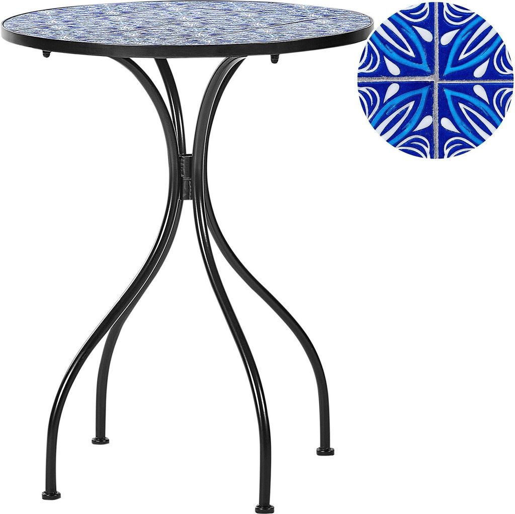 BELIANI Gartentisch Schwarz u. Blau aus Metall Mosaik Muster ø 60 cm Rund Kaffeetisch Couchtisch Outdoor Terrassenmöbel Gartenmöbel Balkonmöbel