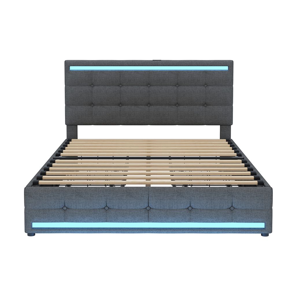 Polsterbett mit Schubladen USB-Ladestationen und LED-Kopfteil-Fußteil Doppelbett Erwachsenenbett Stauraumbett 140*200cm Grau