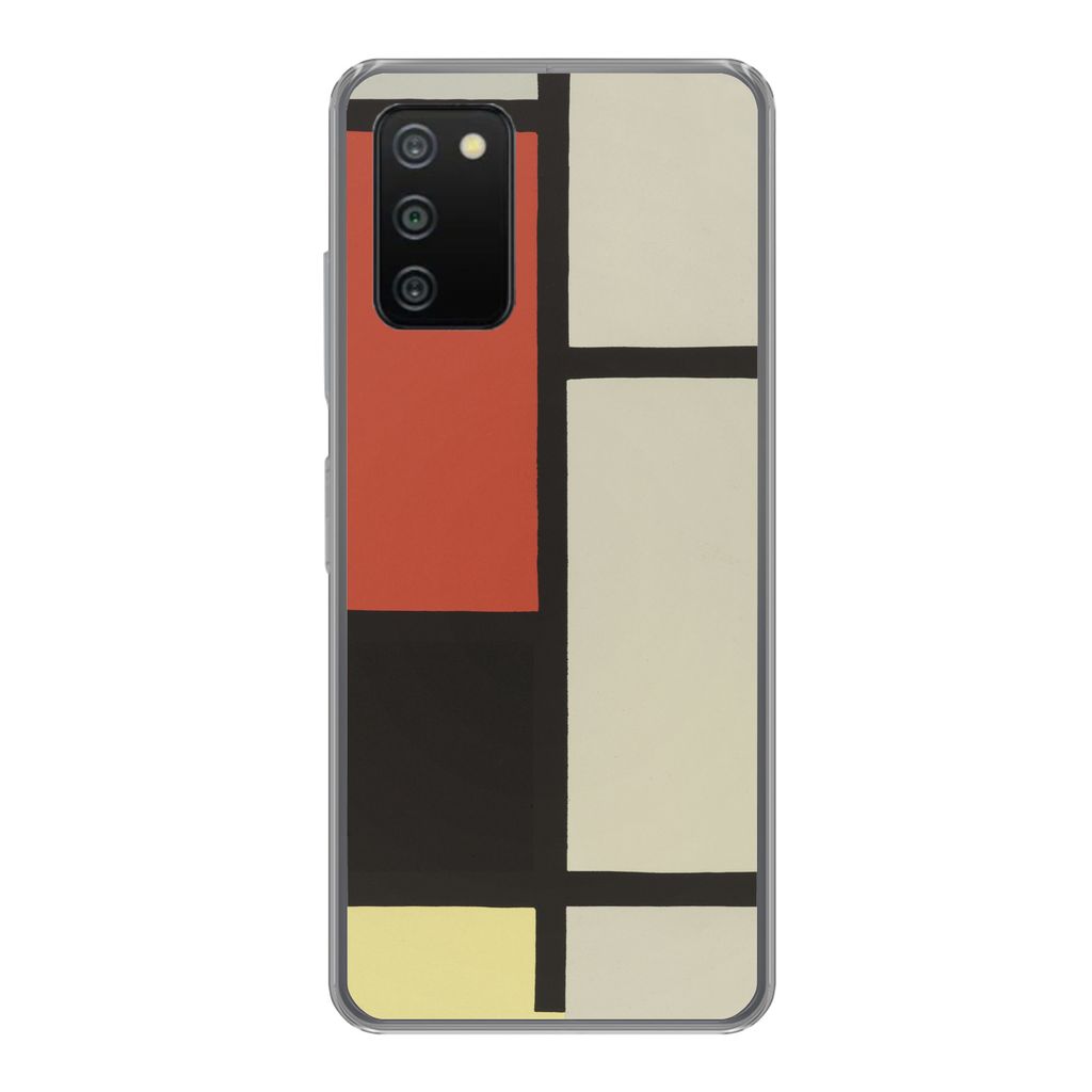MuchoWow Handyhülle Schutzhülle Hülle für Samsung Galaxy A03s Komposition mit rotem Quadrat, schwarz, blau - Piet Mondrian Silikon Softcase H...