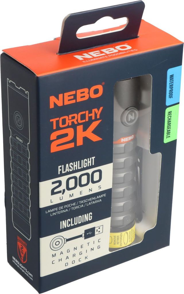 NEBO LED Taschenlampe TORCHY 2K mit bis zu 2000lm und 200m Leuchtweite integrierter 18650 Akku Li-ion 3,7V 2200mAh