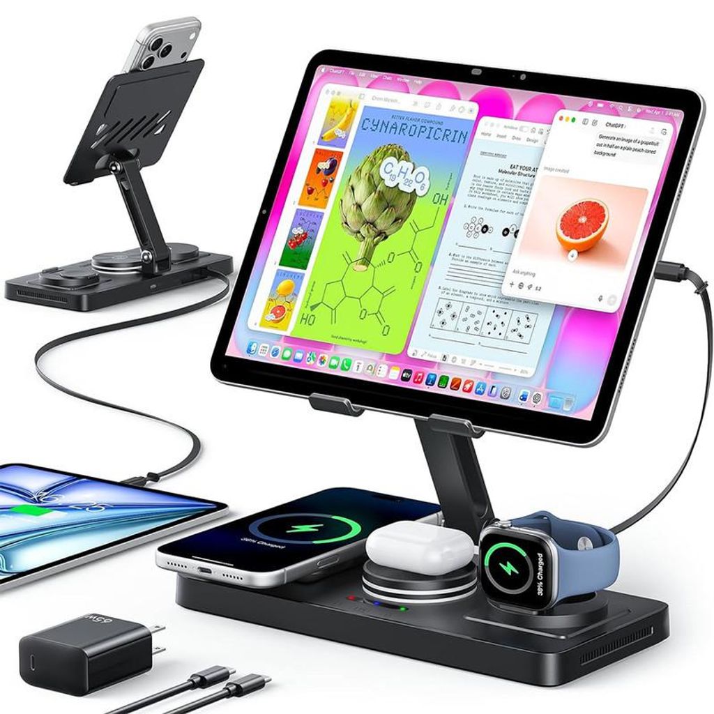 4-in-1 Ladestation für Apple Metall Schwarz – Magnetisches Induktionsladegerät mit einziehbarem Kabel | Für iPhone iPad Watch AirPods
