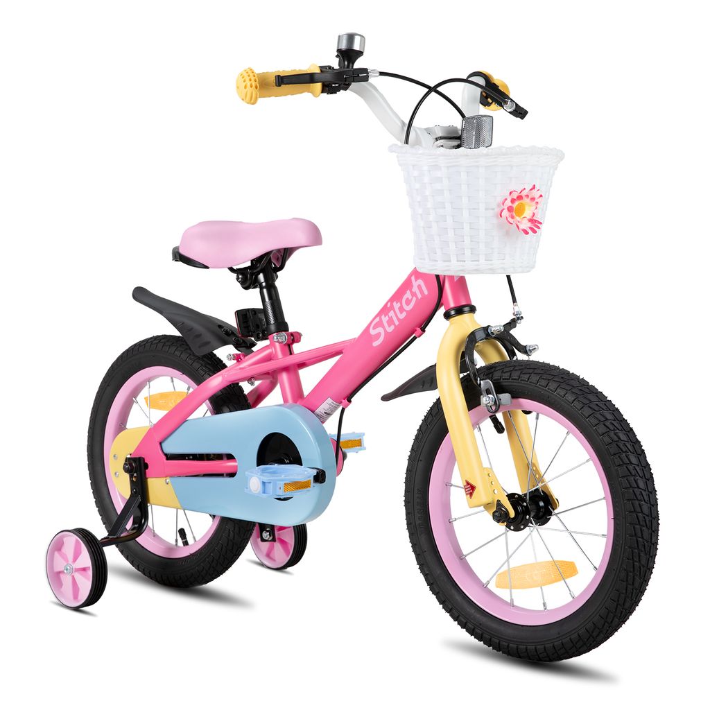 HILAND Macaron 12 Zoll Kinderfahrrad für Mädchen & Jungen ab 3 4 5 6 7 Jahren, mit Korb & Stützrädern, Rosa