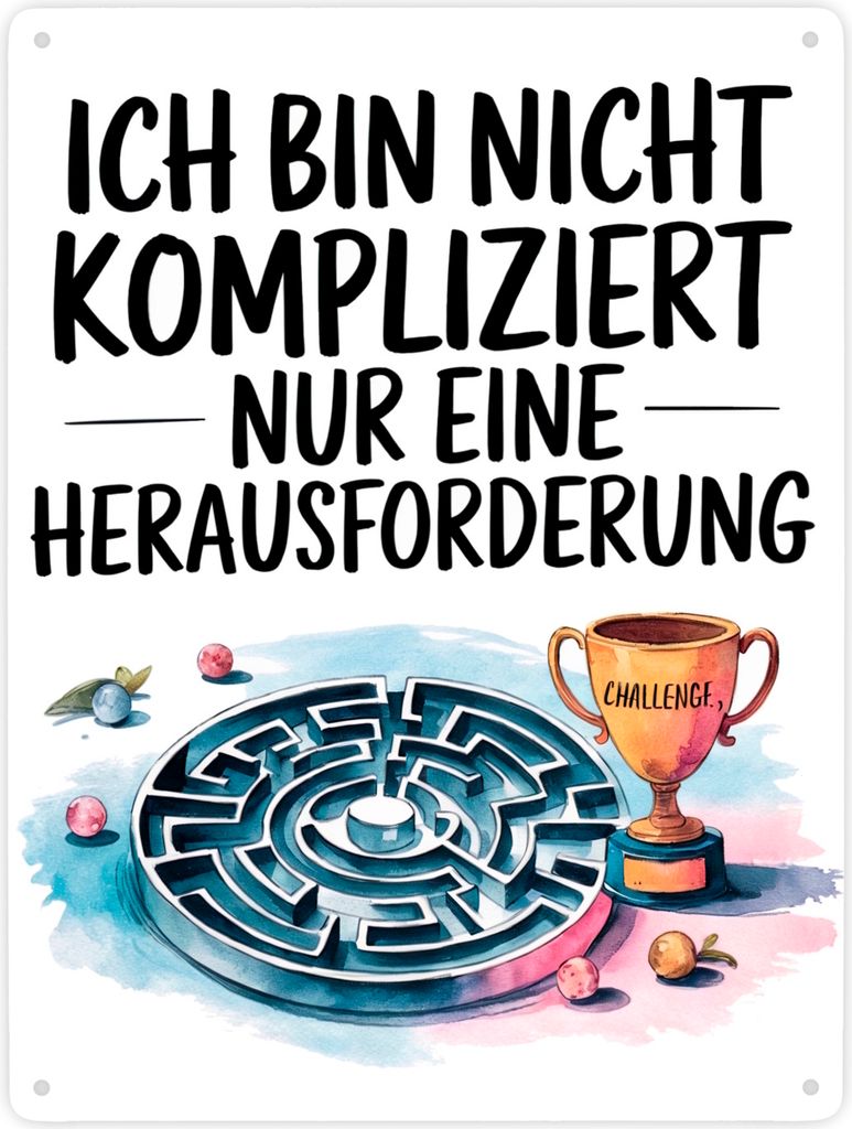 Herausforderung, nicht kompliziert Metallschild XXL in 28x38 cm Pokal