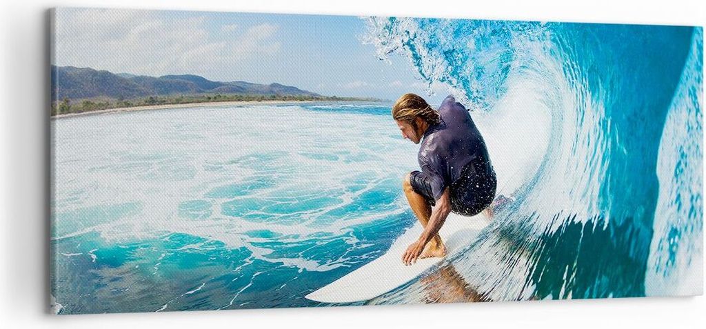 Bild auf Leinwand - Leinwandbild - Surfen Surfer Ozean Welle - 100x40cm - Wand Bild - Wanddeko - Leinwanddruck - Bilder - Kunstdruck - Wanddekorati...