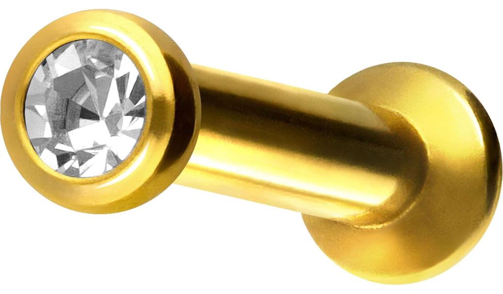 Ohrpiercing, Nasenpiercing Titan Triple Piercing Mini Labret mit Innengewinde FLAT-DISC + KRISTALL Gold Stablänge: 8mm | Discgröße: 2mm