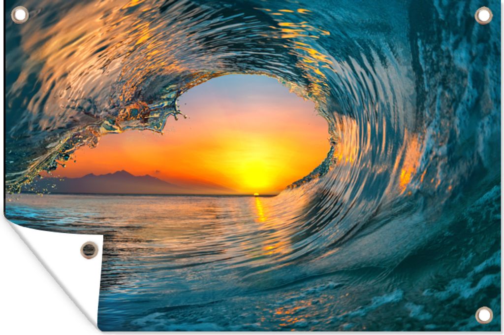 MuchoWow 90x60 cm Outdoor-Poster Gartendeko Sichtschutz Garten Poster für den Garten Sonnenuntergang - Wasser - Welle - Orange