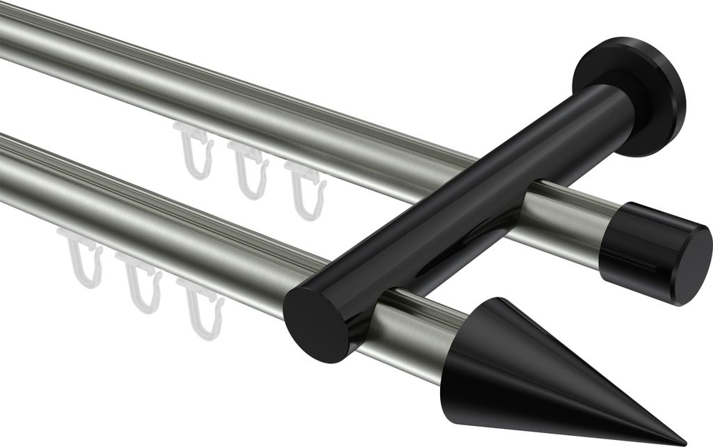 Interdeco Innenlaufstange / Gardinenstange mit Innenlauf Edelstahl-Optik / Schwarz, Typ Platon Savio (Kegel), 20 mm Ø 2-läufig, 260 cm
