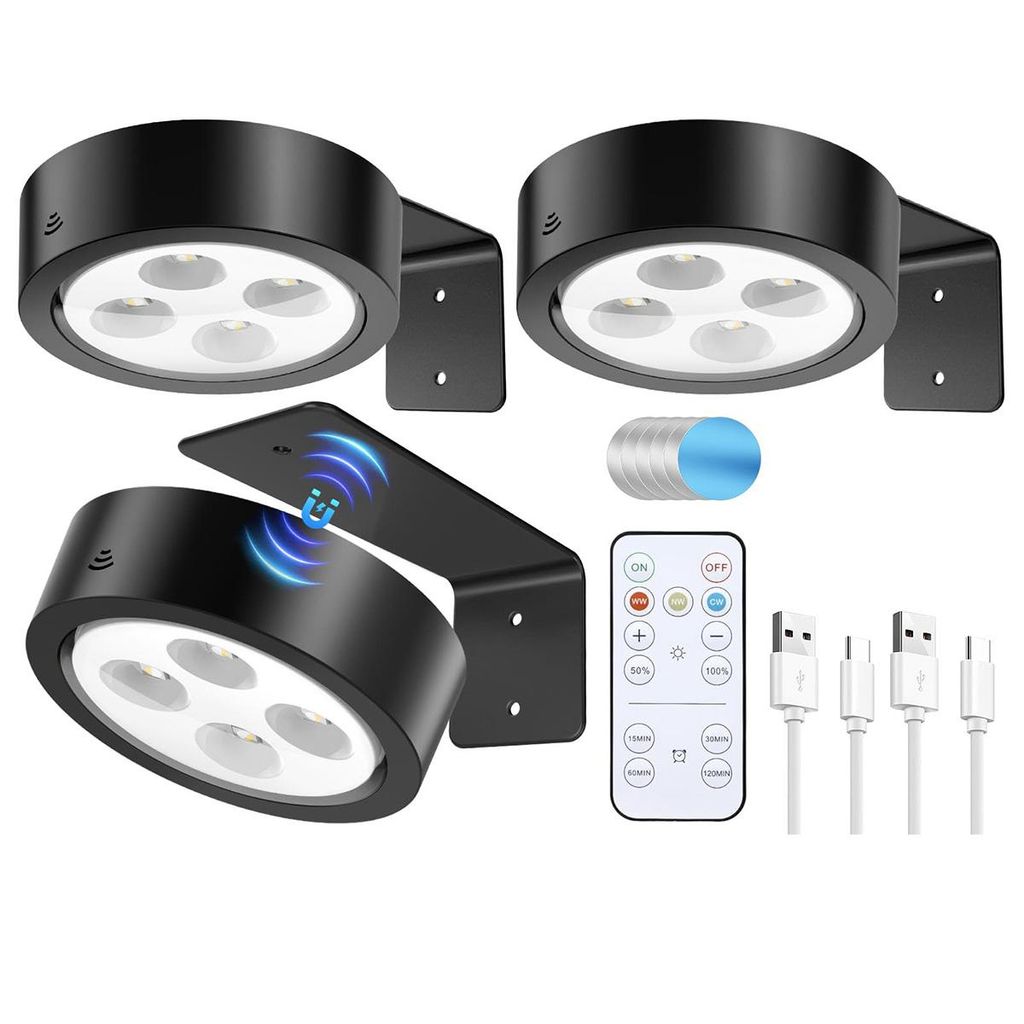 3er Set LED-Bildleuchten mit Akku – Wandleuchten mit Fernbedienung und variablem Licht