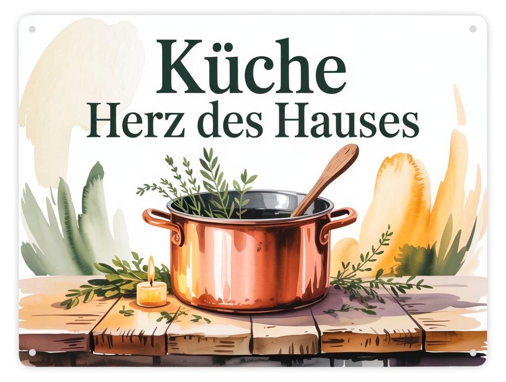 Küche Herz des Hauses Kochtopf Kräuter Metallschild XXL in 28x38 cm