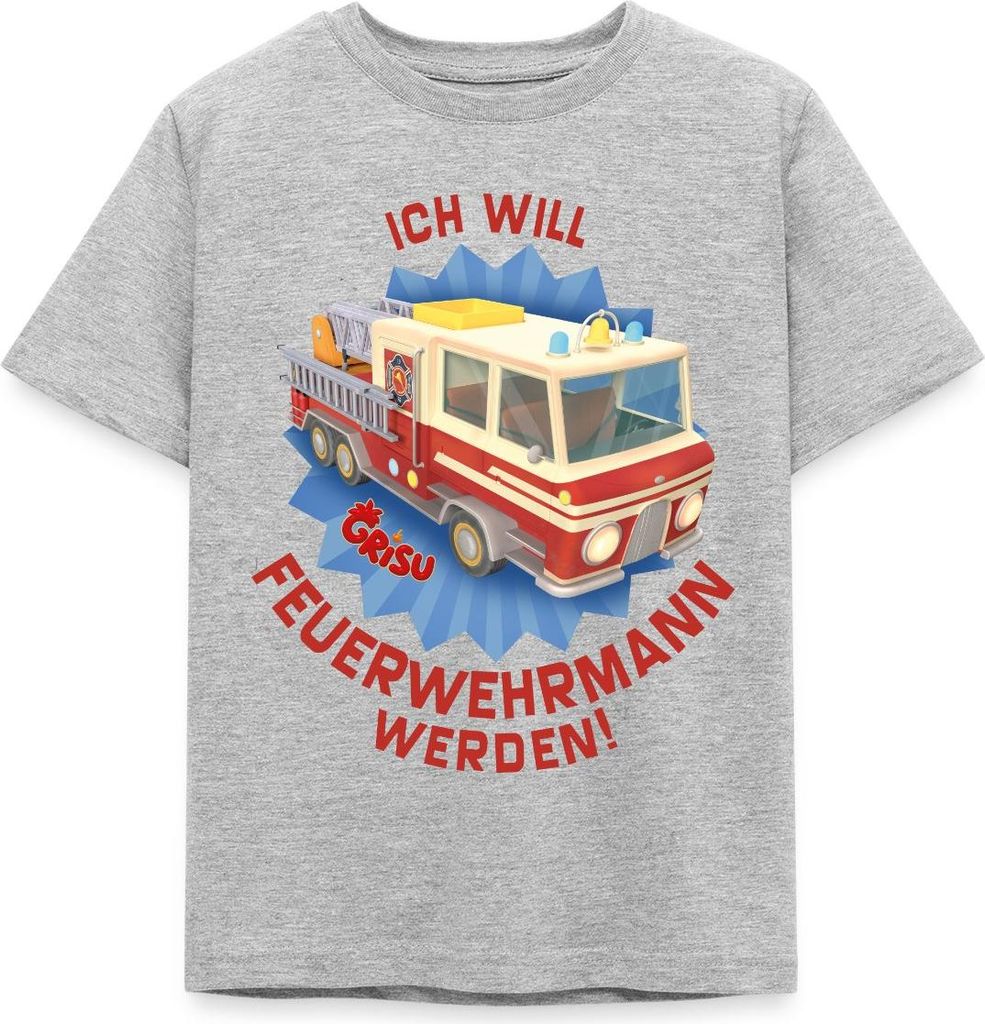Spreadshirt Grisu Der Kleine Drache Feuerwehrmann Werden Kinder T-Shirt, 110/116 (5-6 Jahre), Grau meliert