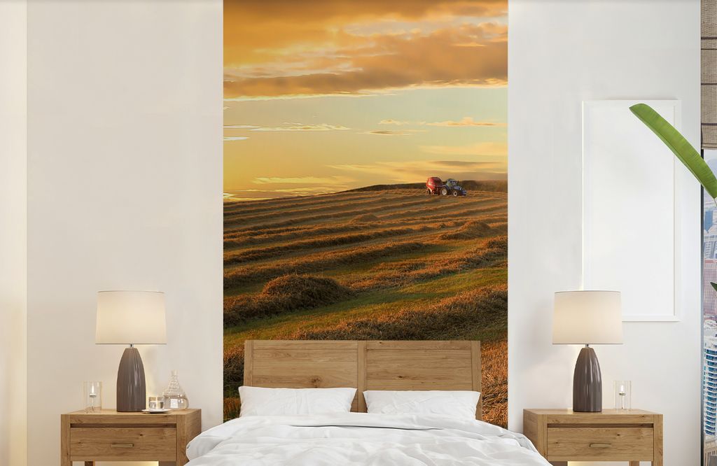 MuchoWow Fototapete für Wohnzimmer oder Schlafzimmer Wandtapete Vinyl Motivtapete Traktor - Sonne - Wolken - 120x240 cm - Hintergrundbild