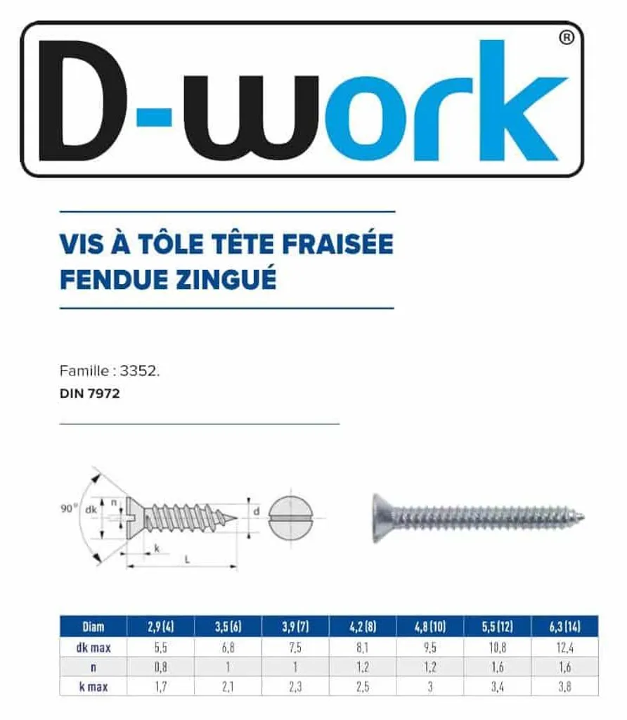 Vis à Tôle pour Fixation Métal 4.8 x 15.9 mm DIN 7972 Fraisée Fendue