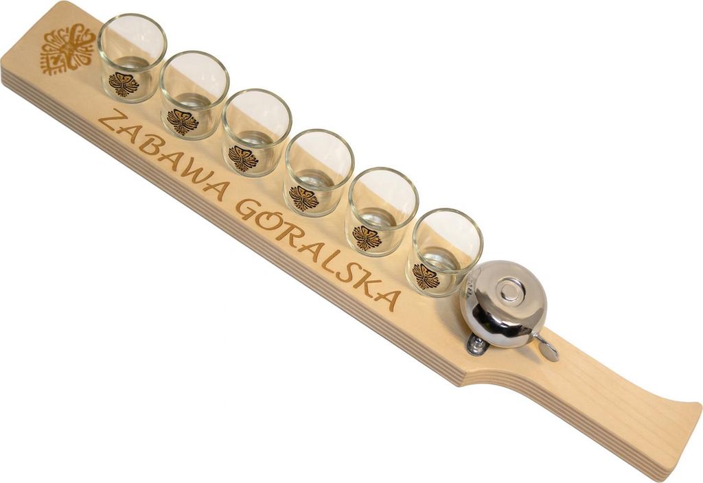Shot-Servierbrett 49 cm – mit 6 Gläsern und Klingel