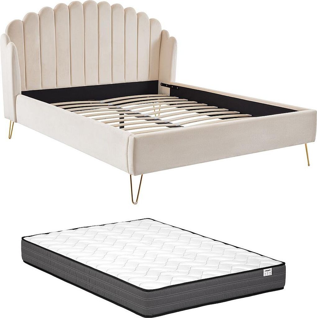 Bett 140 x 190 cm mit Gitterkopfteil - Velours - Beige + Matratze - SAGALI