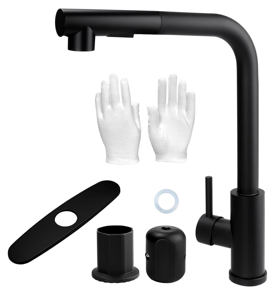 Küchenarmatur Schwarz, Ausziehbare Küchenarmatur mit Brause, Niederdruckarmatur für die Küche, Spültischarmatur, Mischbatterie, Ausziehbarer W...