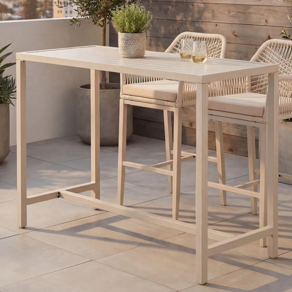 Table de bar d'extérieur métal crème 105x130x65cm robuste et chic