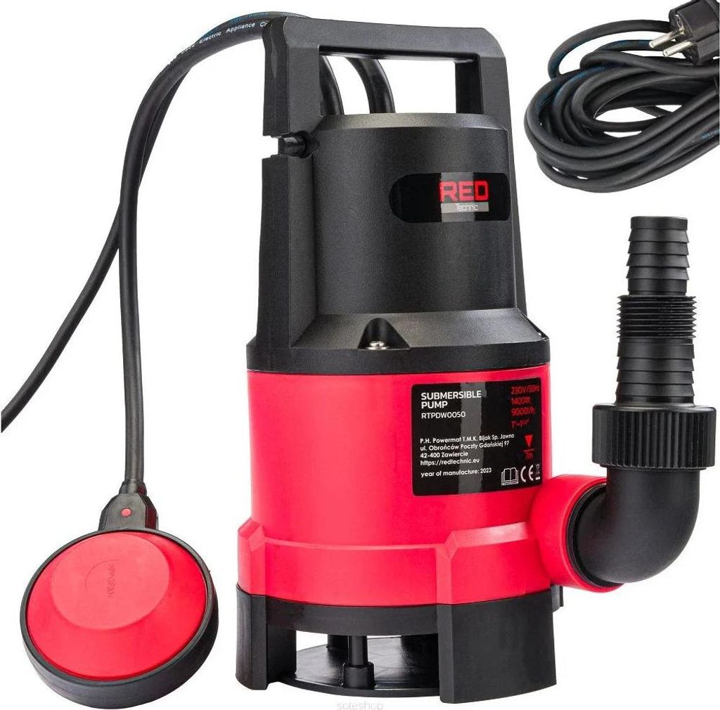 A red and black submersible pump with a float switch and power cord is shown against a white background.