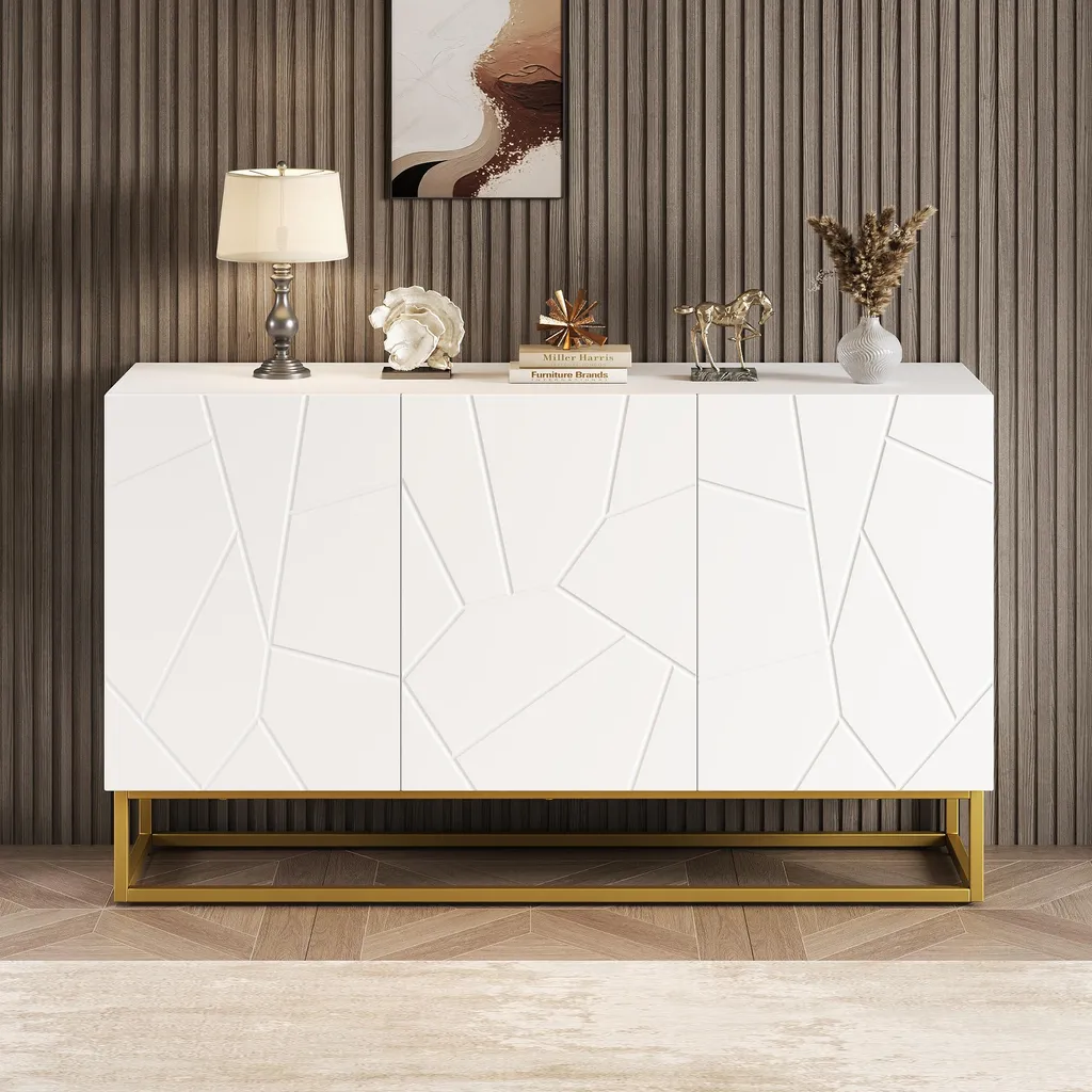 Buffet Blanc Haute Brillance 130 cm - Aspect Cannelé et Structure Métal - 3