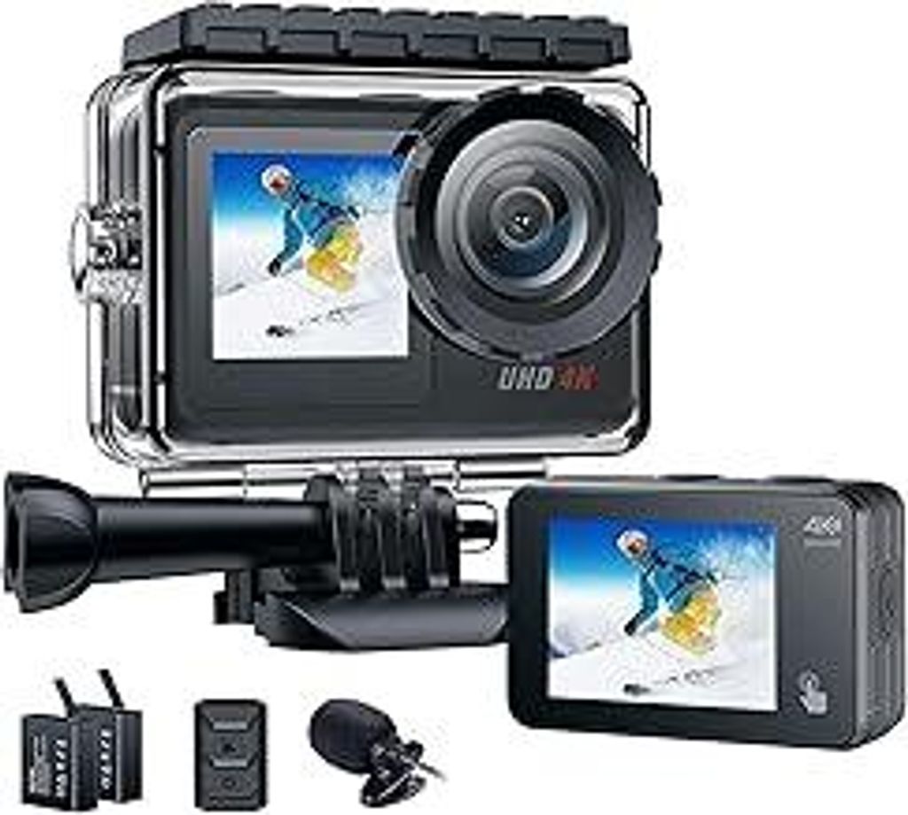 Action Kamera 4K, 170° Weitwinkel WLAN Dual Screen Unterwasserkamera mit Fernbedienung, 2 Akkus, EIS & Helmzubehör Kit wasserdichte Kamera, Actio...
