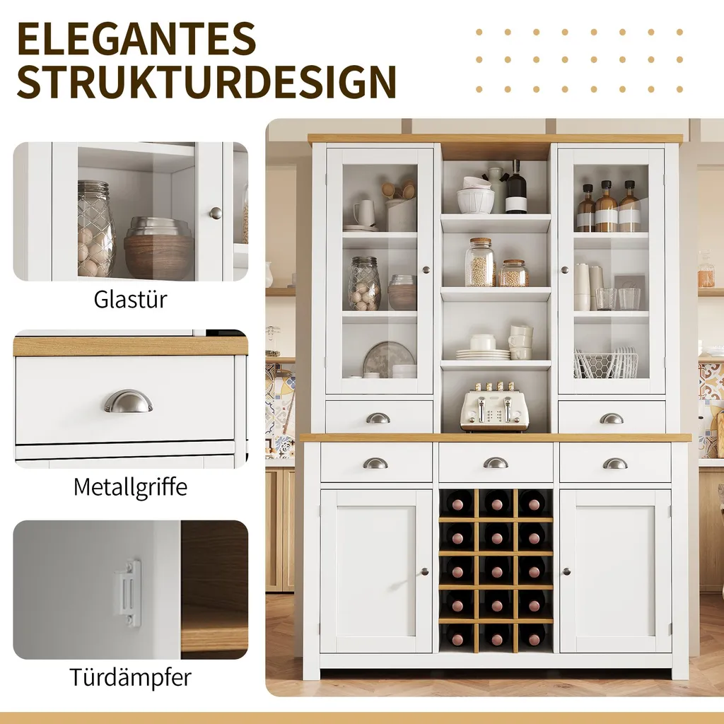 Buffet de cuisine blanc avec vitrine et casier à bouteilles design