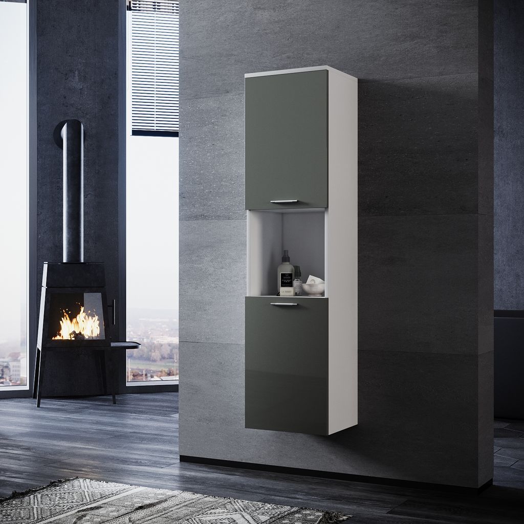 SONNI Badezimmerschränke Hochschrank Bad Graue hochglanz 33cm breit Badezimmermöbel