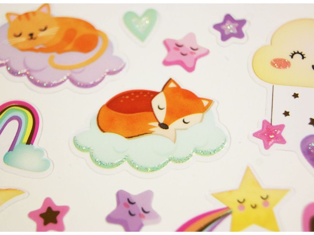 Aufkleber - Tiere auf Wolken - Vergoldung und Glitter