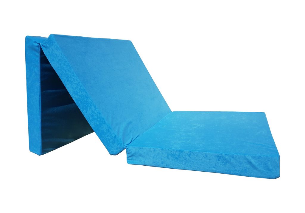 A blue folding mattress shown in an open, partially folded position against a white background.