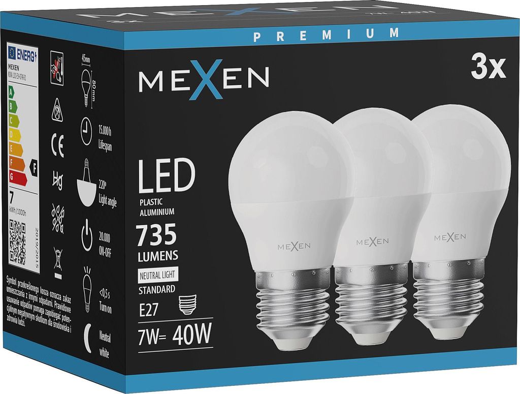 Mexen Nova 3x LED-Glühbirne E27, G45, 7W, Neutral - 4000K, Produktbild 